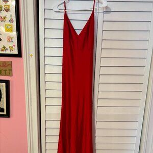 Red backless formal gown